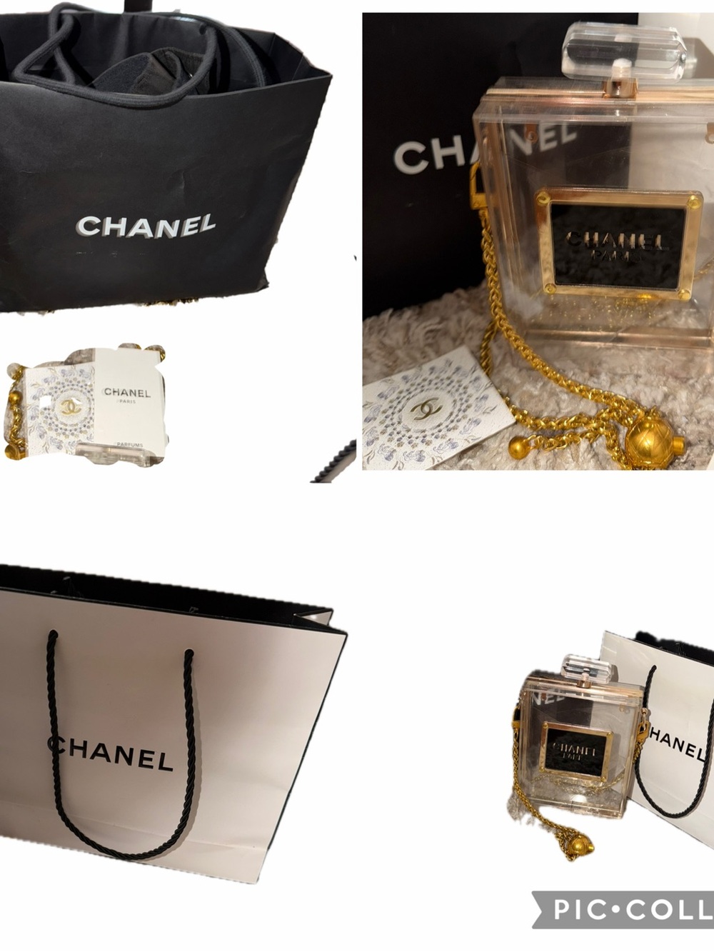 B&W shopping totes a Clear Perfume Bottle Mini Bag with Gold Chain